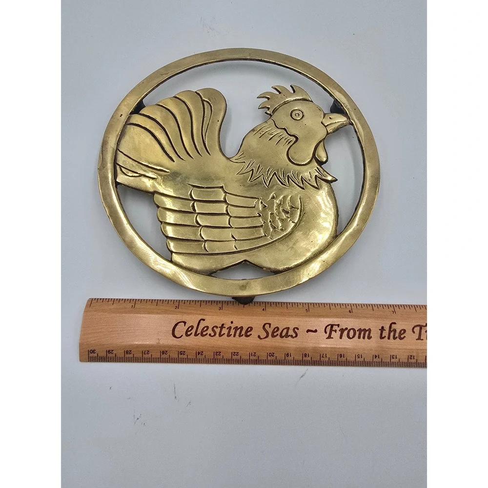 Vintage Brass Rooster Trivet Circular Farmhouse Kitchen Hot Plate Made in Taiwan